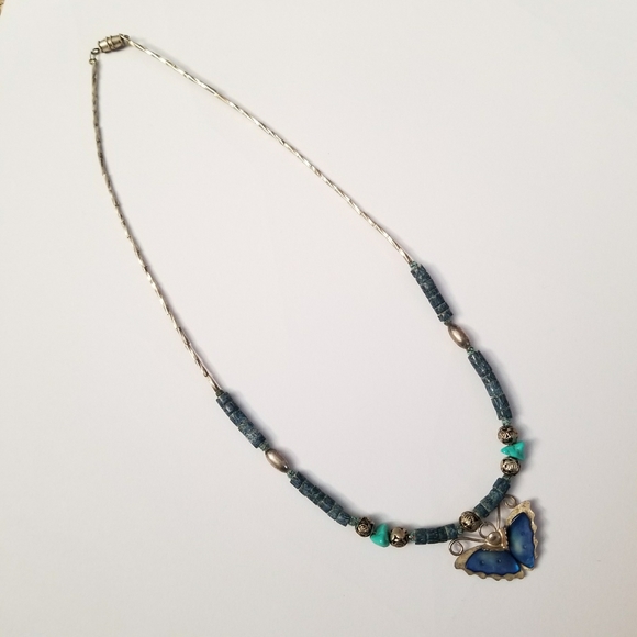 Relisted -Vintage butterfly necklace blue turquoise silver - Picture 5 of 12